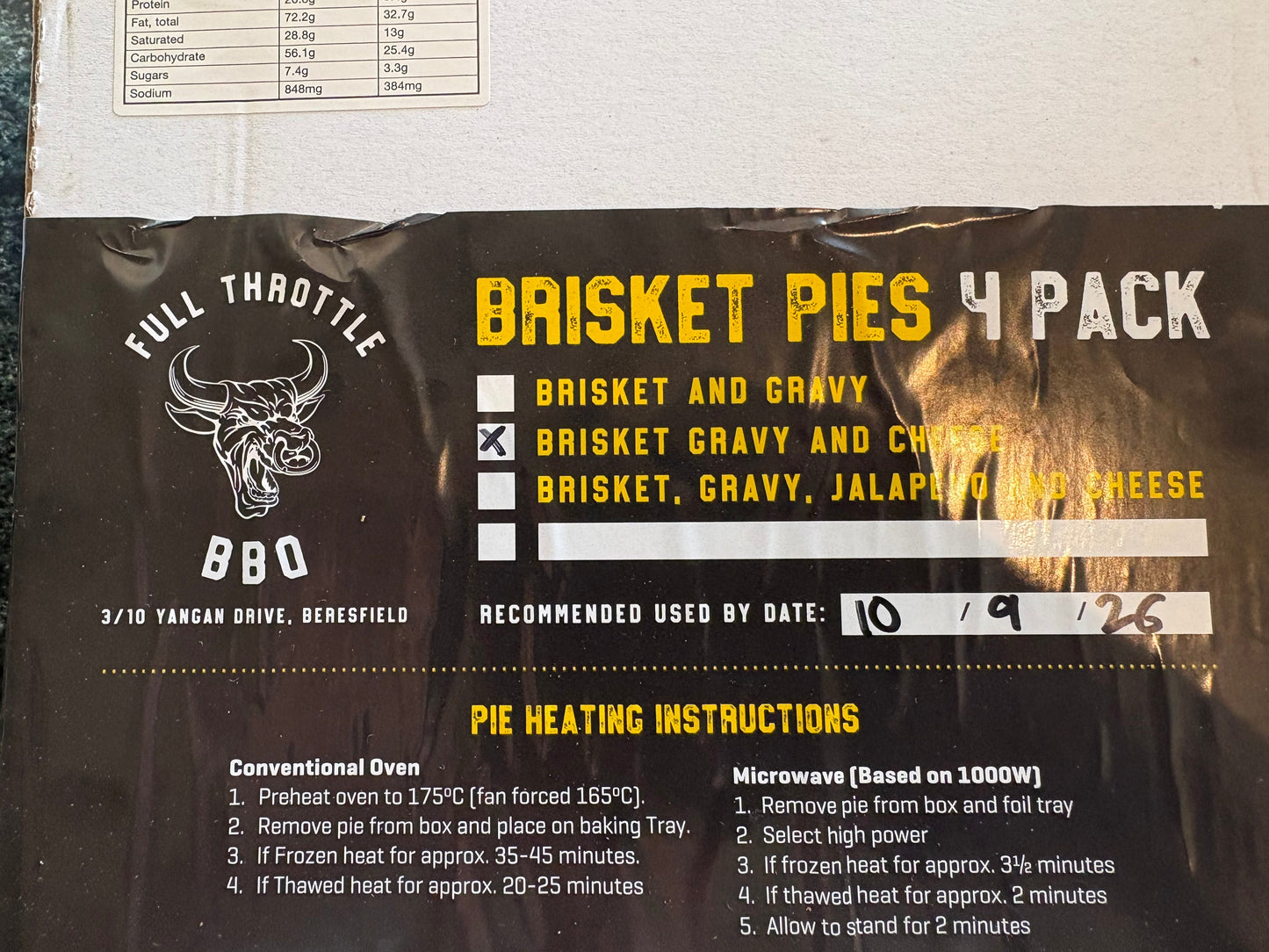 Full Throttle Beef Brisket and Cheese 4 pack of Pies