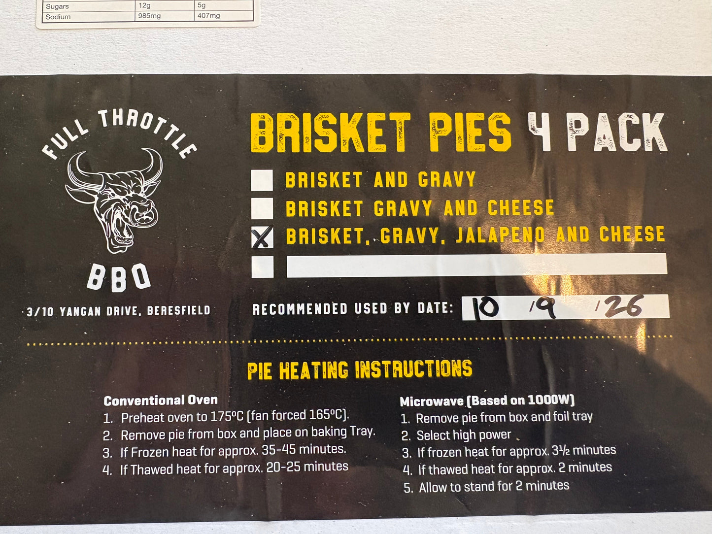 Full Throttle Smoked Beef Brisket Jalapeno and Cheese 4 pack of pies